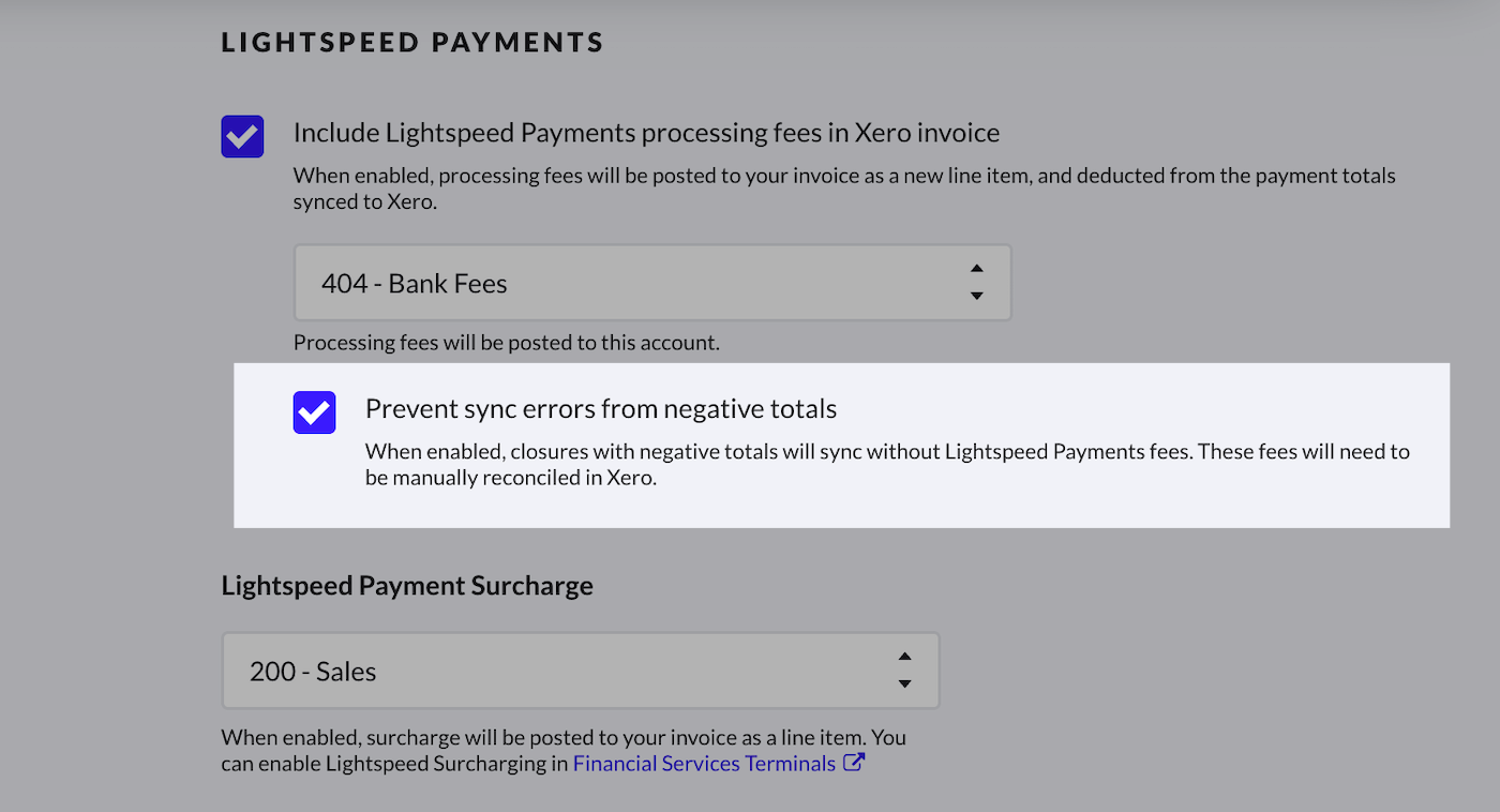 'Prevent sync errors from negative totals' checkbox highlighted.