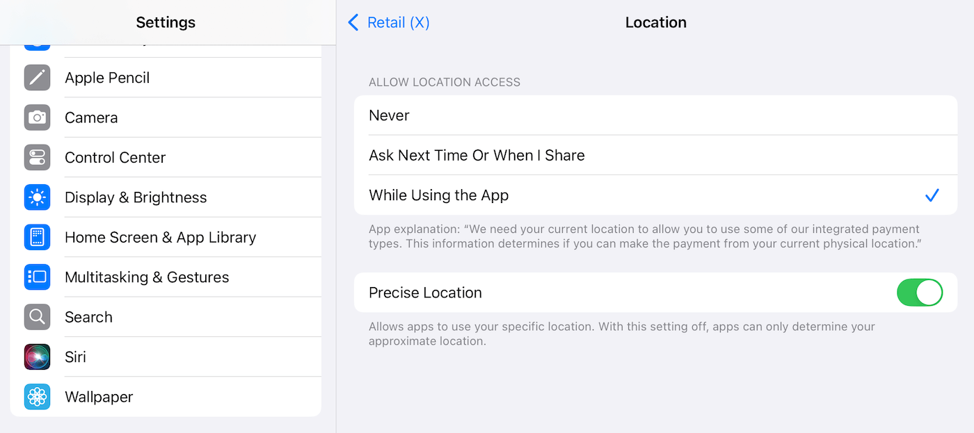 Location settings page on iPad.