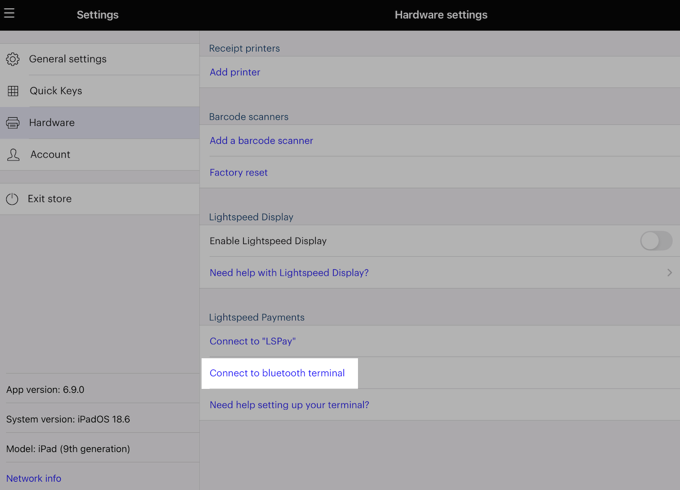 Hardware settings in Retail POS with connect to bluetooth terminal highlighted.