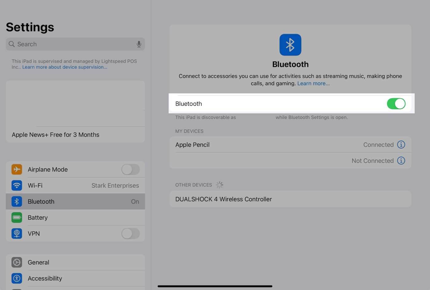 Settings Bluetooth page with Bluetooth toggled on.
