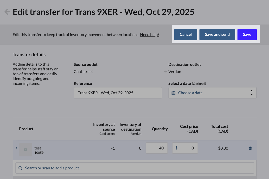 The edit transfer page highlighting the Save and send and Save buttons.