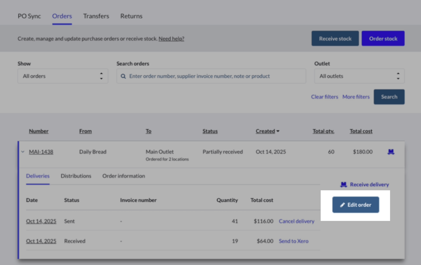 Partially received purchase order with Edit order button highlighted.