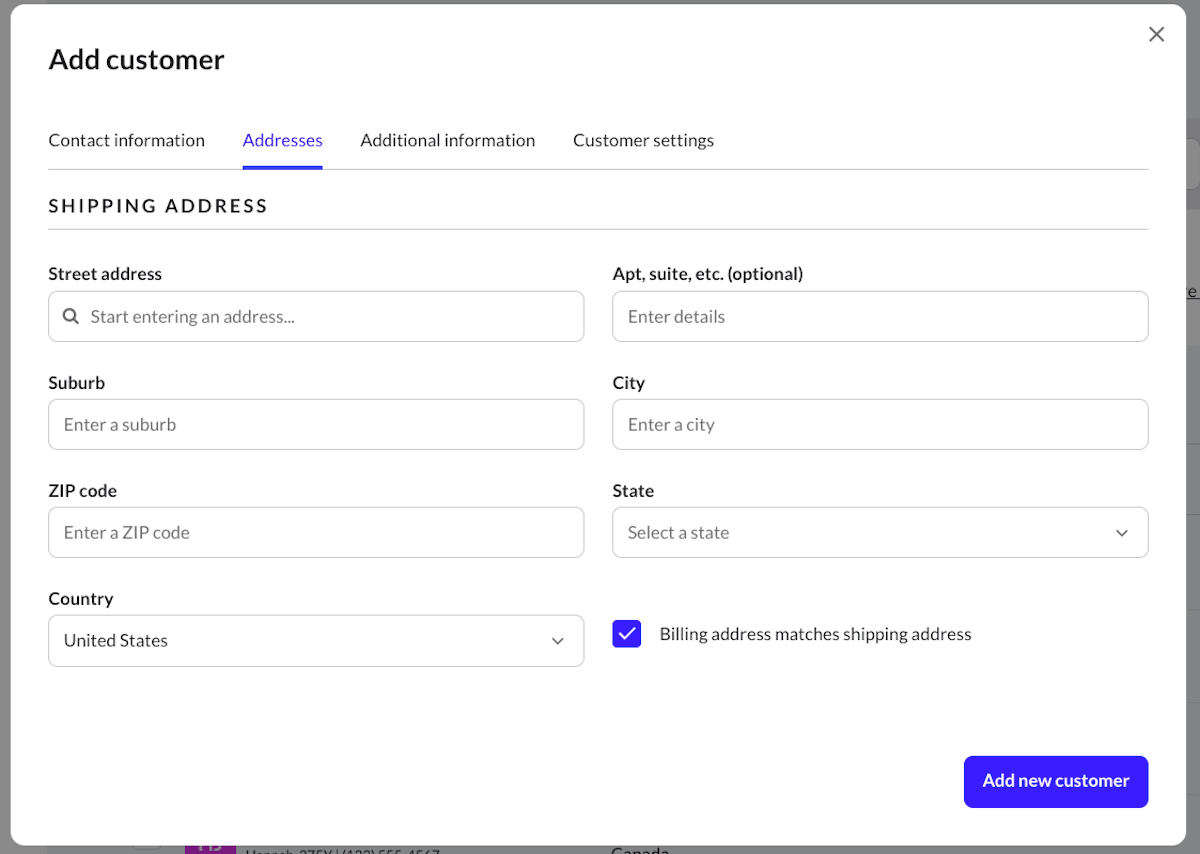 Shipping and billing address fields, showing Billing address matches shipping address checkbox.