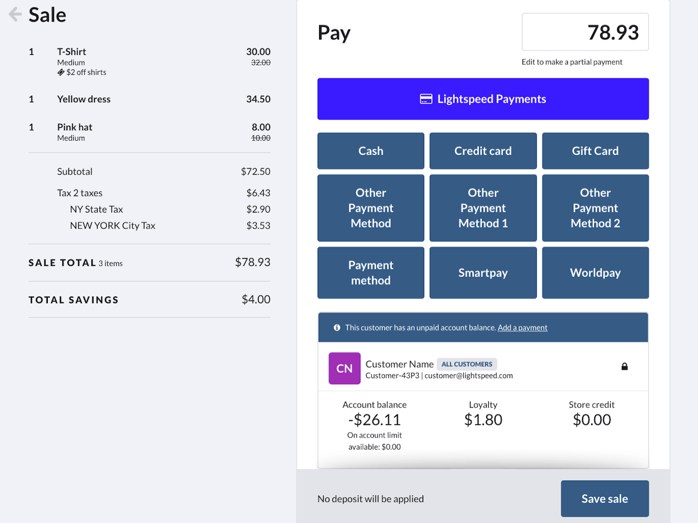 Sell screen with different payment methods displayed.