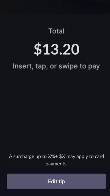 Payment terminal screen prompting customer to tap, insert, or swipe their card.