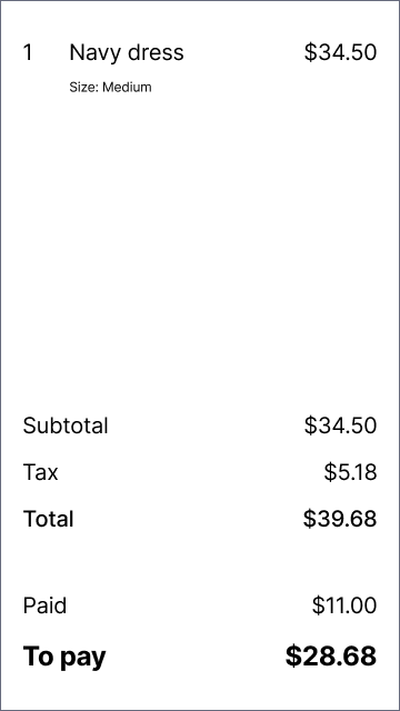 Payment terminal screen showing paid amount and amount owed.