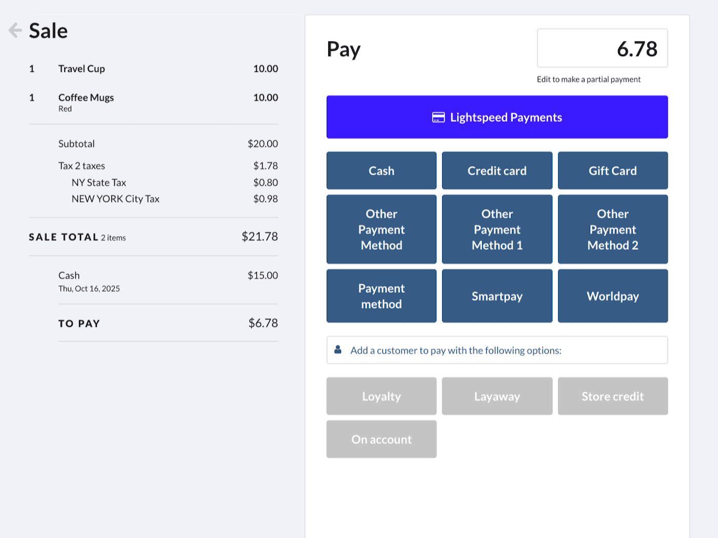 Sell screen with first payment applied and options to select second payment method visible.