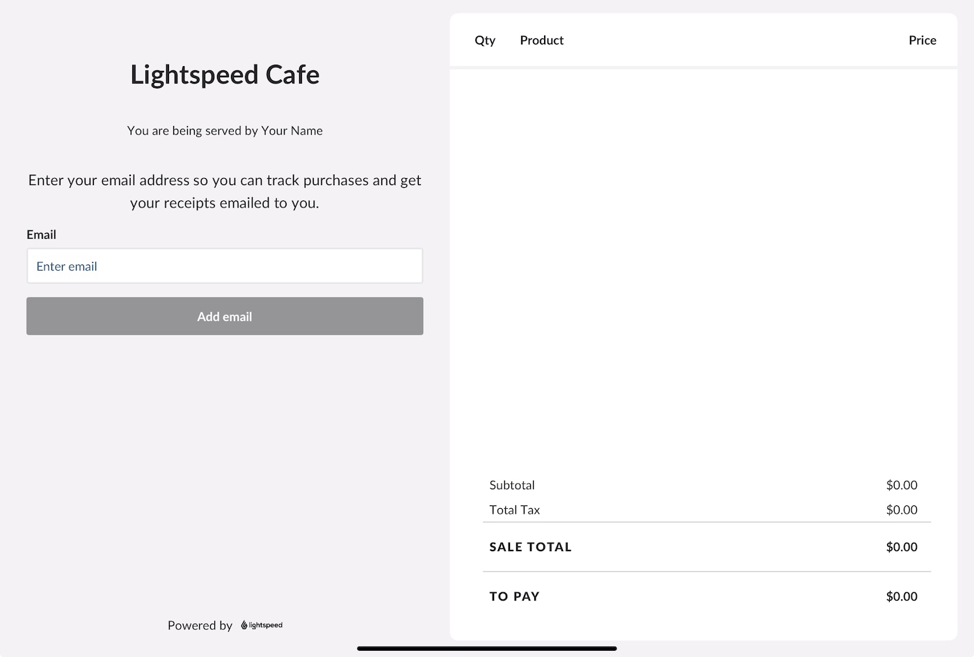 Customer-facing display open to a blank sale.