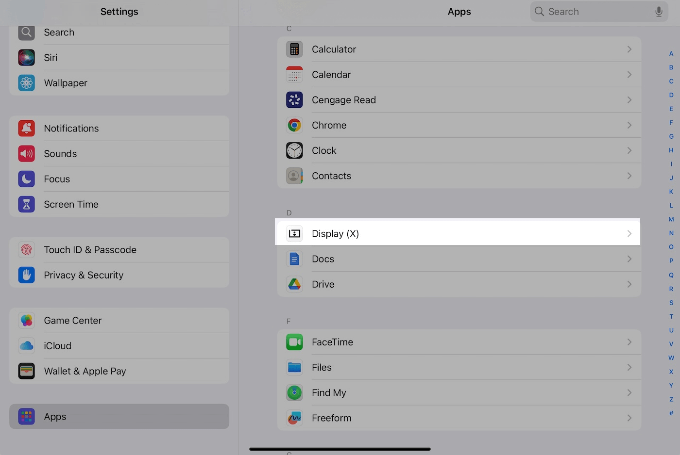 Settings app with Display (X) emphasized.