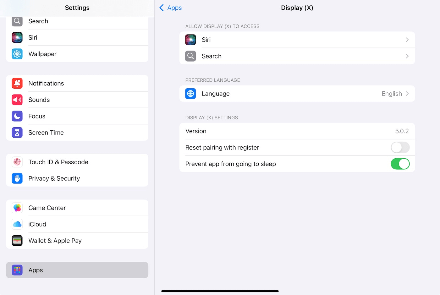 Display app settings page showing Prevent app from going to sleep toggle.