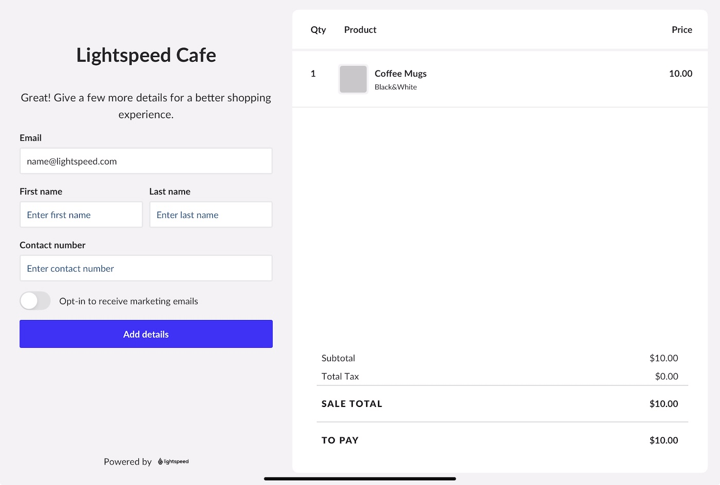 Customer-facing display with options to add First name, Last name, Contact number, and toggle to Opt-in to receive marketing emails.