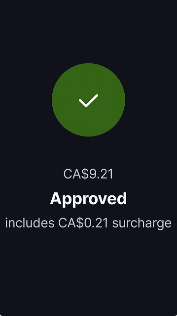 Payment terminal screen showing payment was approved.