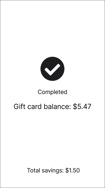 Payment terminal screen showing amount remaining on gift card.