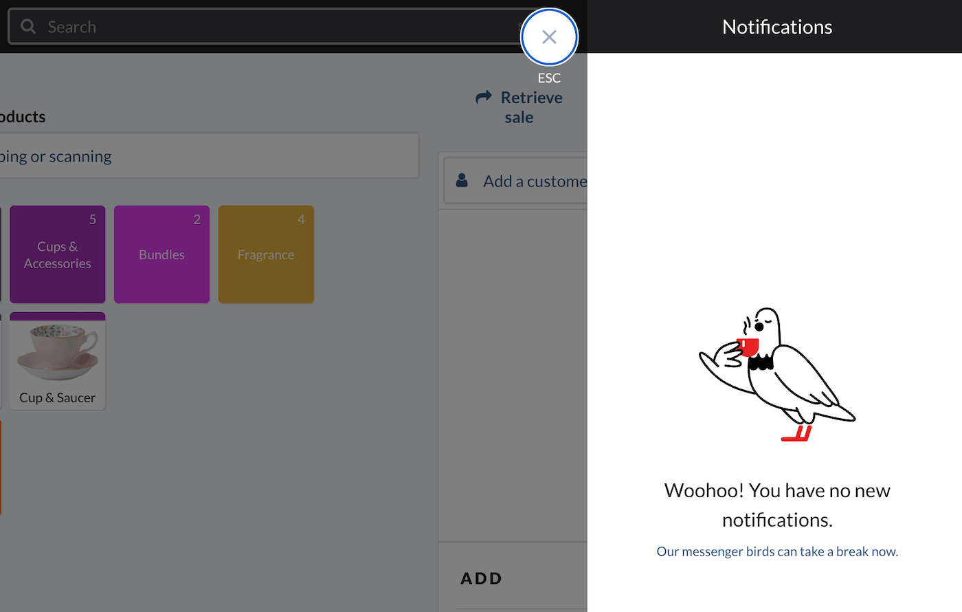 Navigation bar showing no new messages and a pigeon illustration.