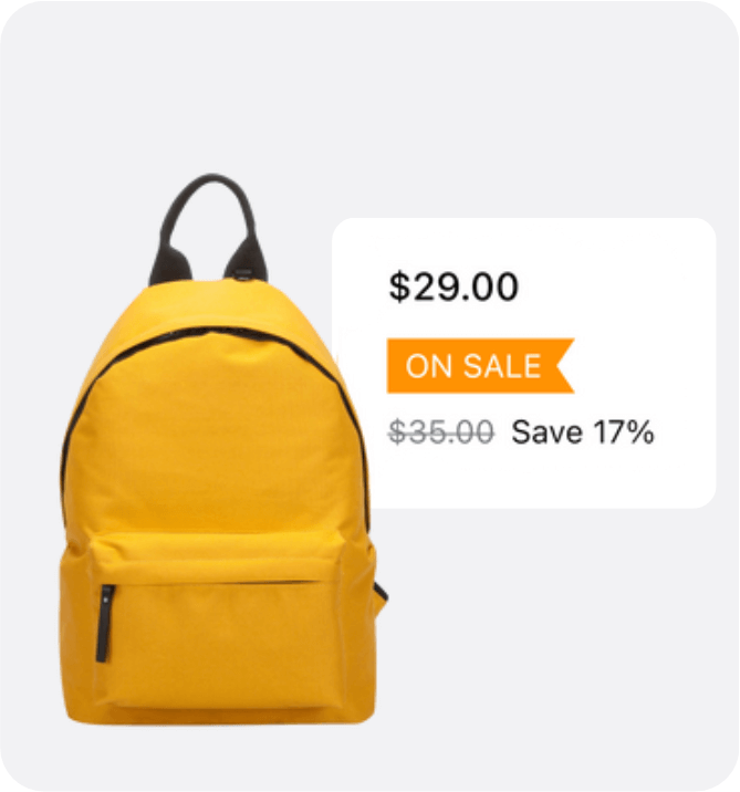 Backpack product showing promotion.