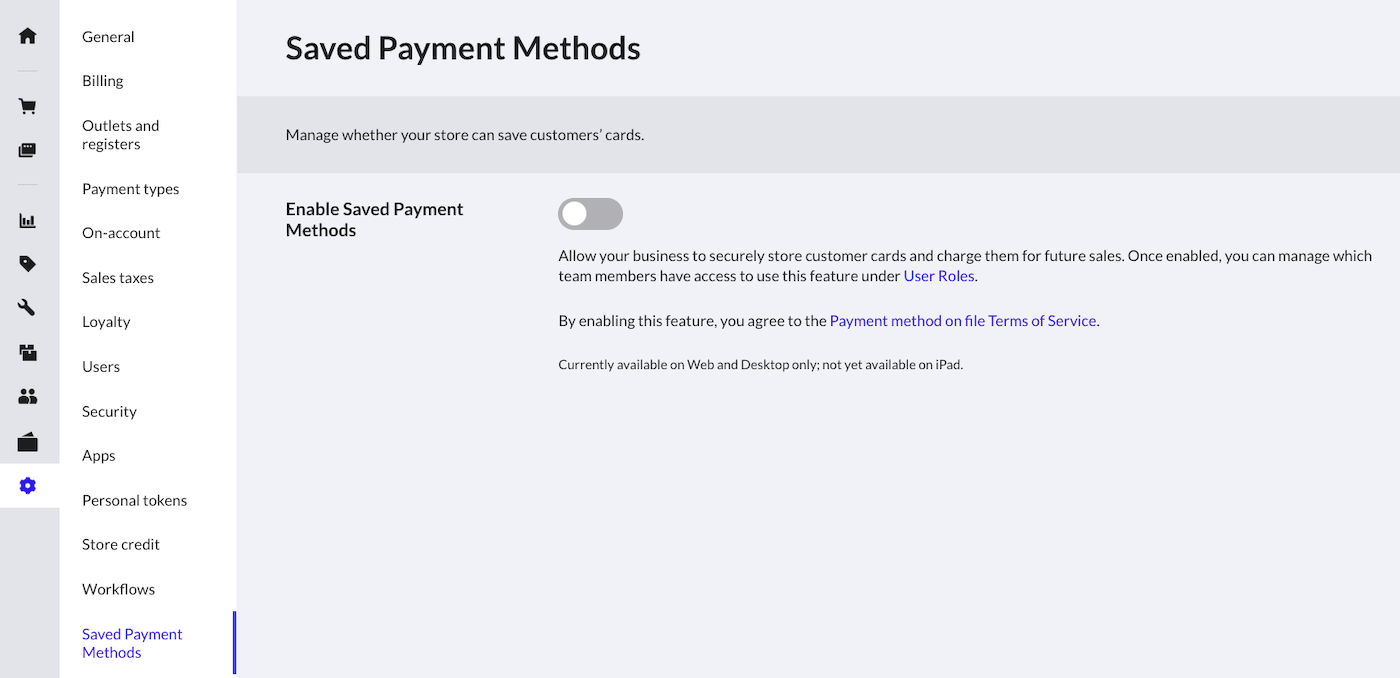 Page Modes de paiement enregistrés avec bouton bascule pour activer les modes de paiement enregistrés.