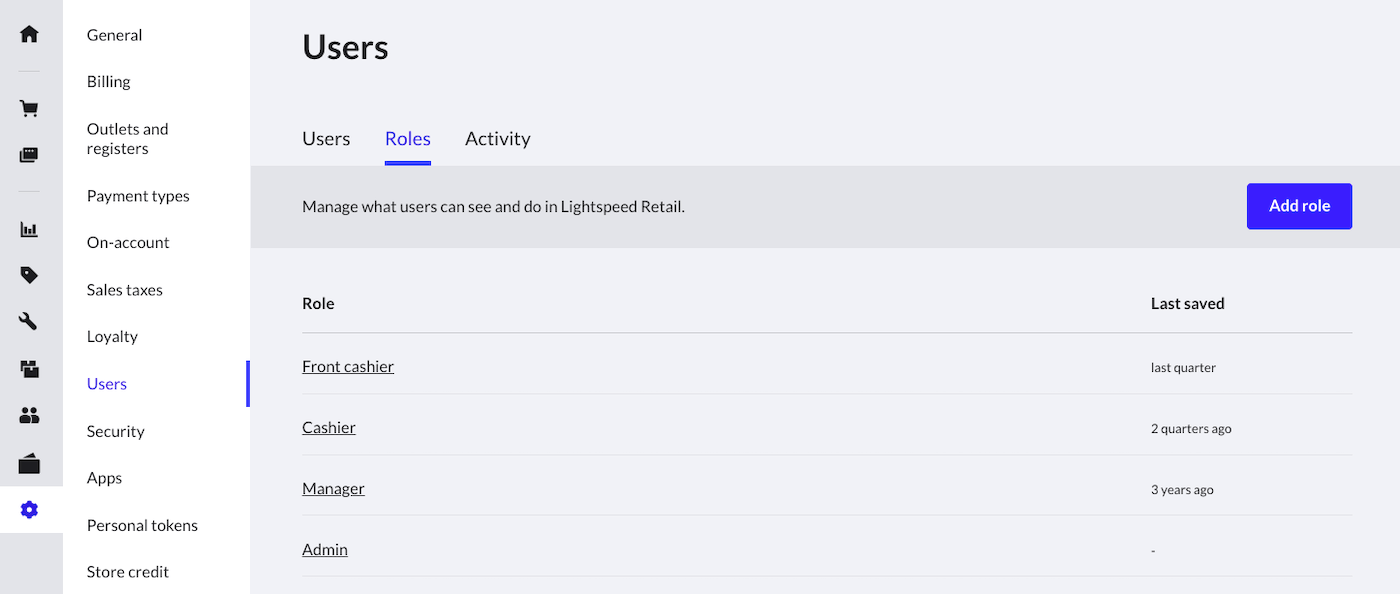 Page des rôles d'utilisateur.