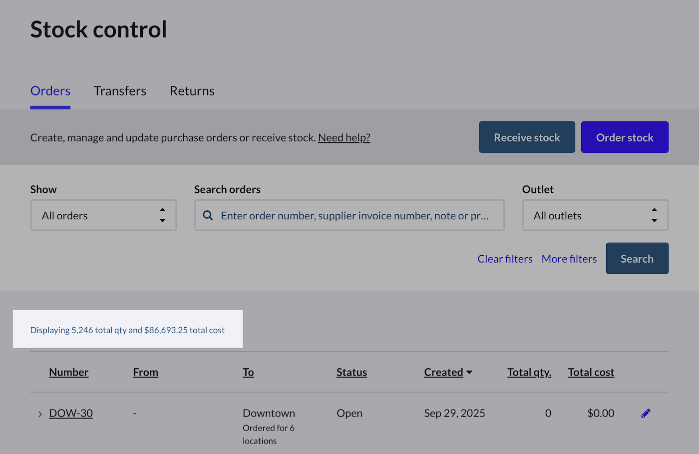 Pagina Bestellingen waarop de totale aantallen en kosten van inkooporders zijn uitgelicht.