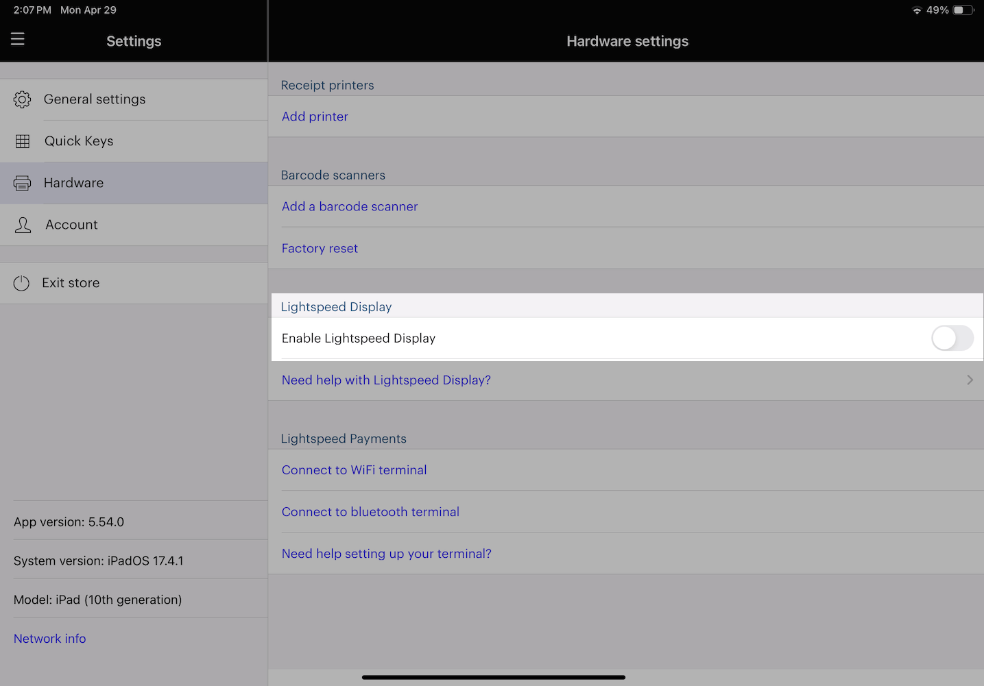 Pagina Hardware onder Instellingen, waarop de schakelaar Lightspeed Display inschakelen is uitgelicht.