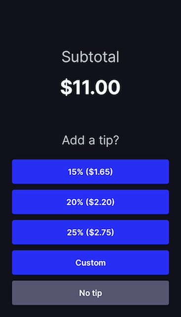Écran du terminal de paiement, des options de pourboire sont affichées.
