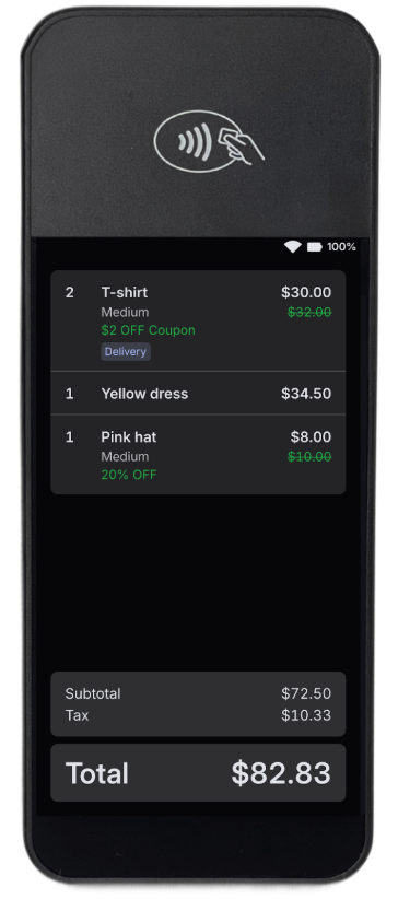 Scherm van de betaalterminal waarop items te zien zijn die aan de verkoop zijn toegevoegd.