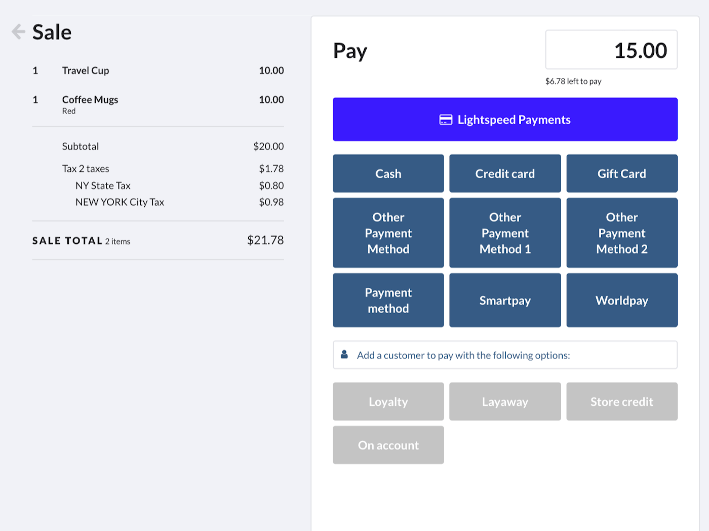 Verkoopscherm met het bedrag van de gedeeltelijke betaling in het veld voor betaling en de beschikbare betaalmethoden.