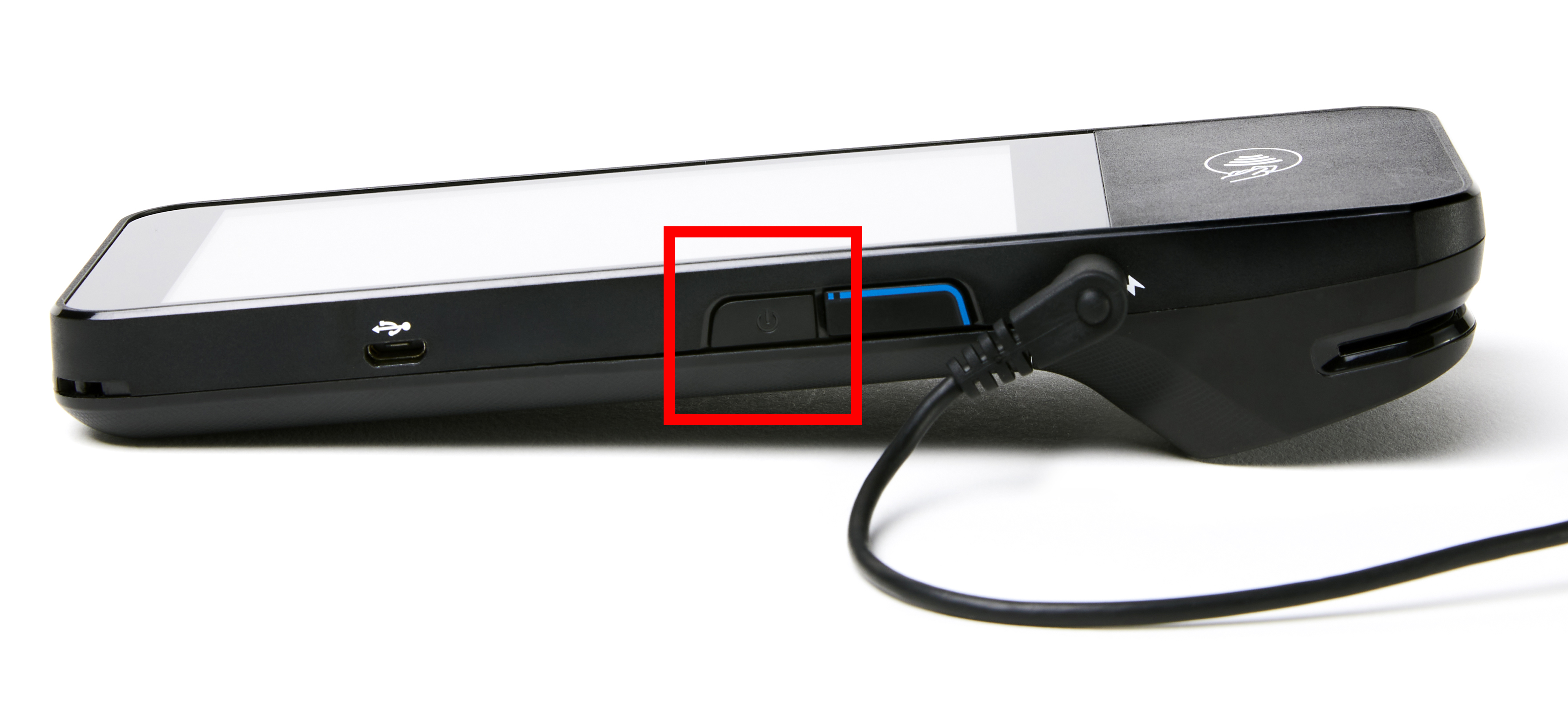 Smart Terminal (WisePOS E)-terminal met uitgelichte aan/uit-knop.