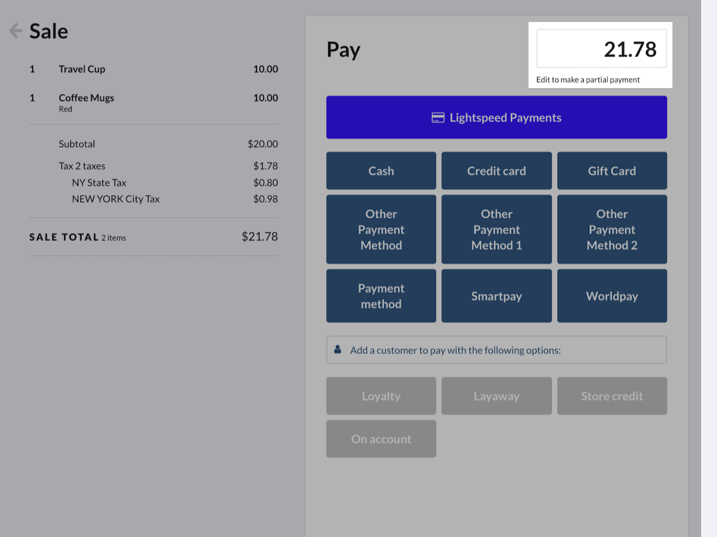 Verkoopscherm waarop het veld voor betaling is uitgelicht.
