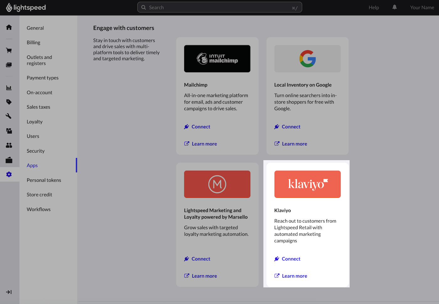 Engage with customers section with Klaviyo section highlighted.