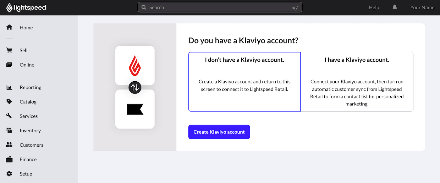 Do you have a Klaviyo account? page with I don't have a Klaviyo account chosen.