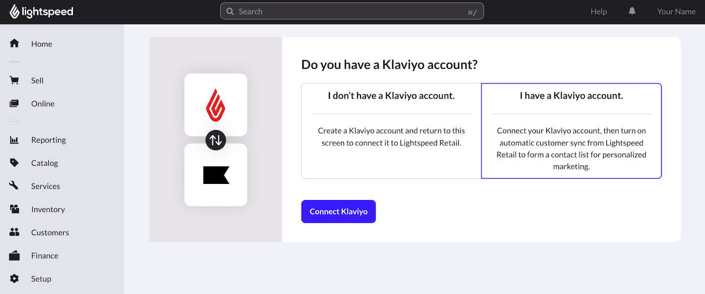 Do you have a Klaviyo account? page with I have a Klaviyo account chosen.