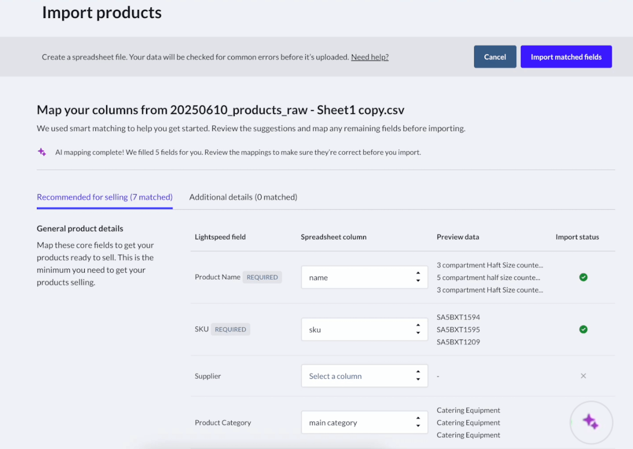 Page d'importation des produits montrant le nouveau bouton d'assistant IA et la nouvelle interface utilisateur.