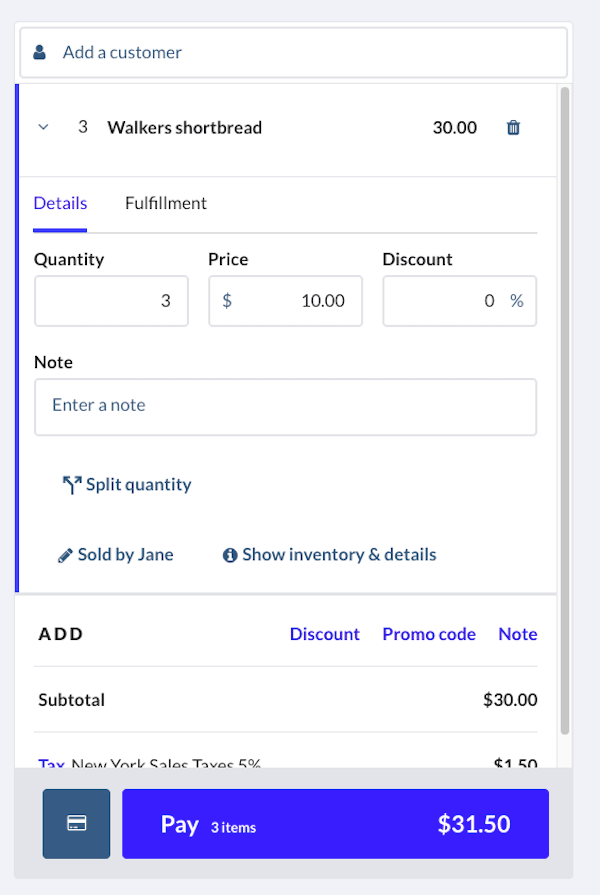Les détails du produit sur l'Écran de caisse montrant les articles combinés sur une ligne et le bouton Diviser la quantité.