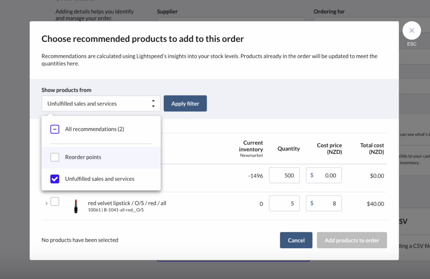 Menu déroulant des filtres avec l'option d'inclure ou d'exclure les services et ventes incomplets.