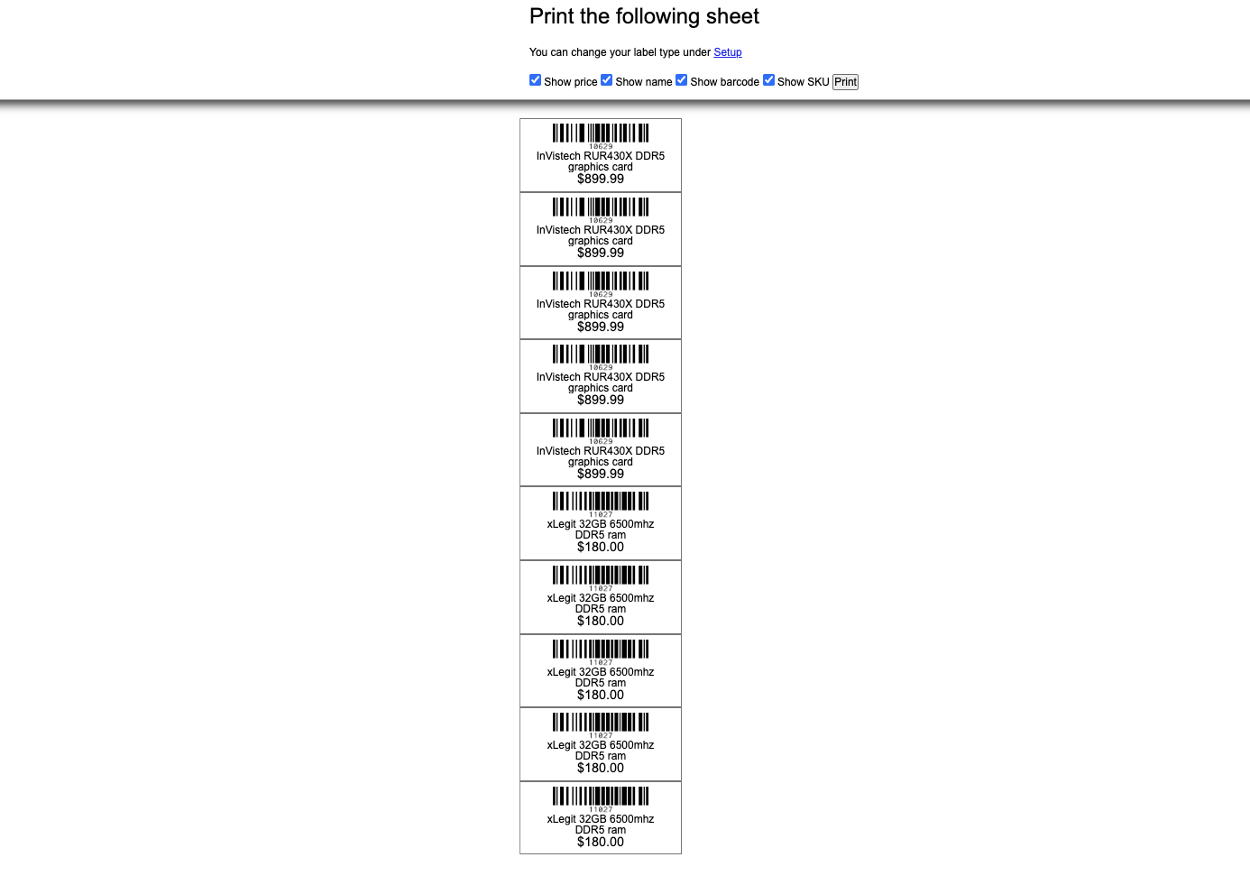 Een afdrukvoorbeeld met barcodes van items.