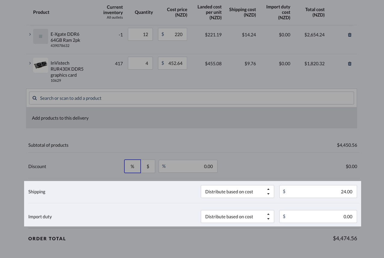 La section Sous-total des coûts des articles mettant en surbrillance les frais d’expédition et les droits de douane.