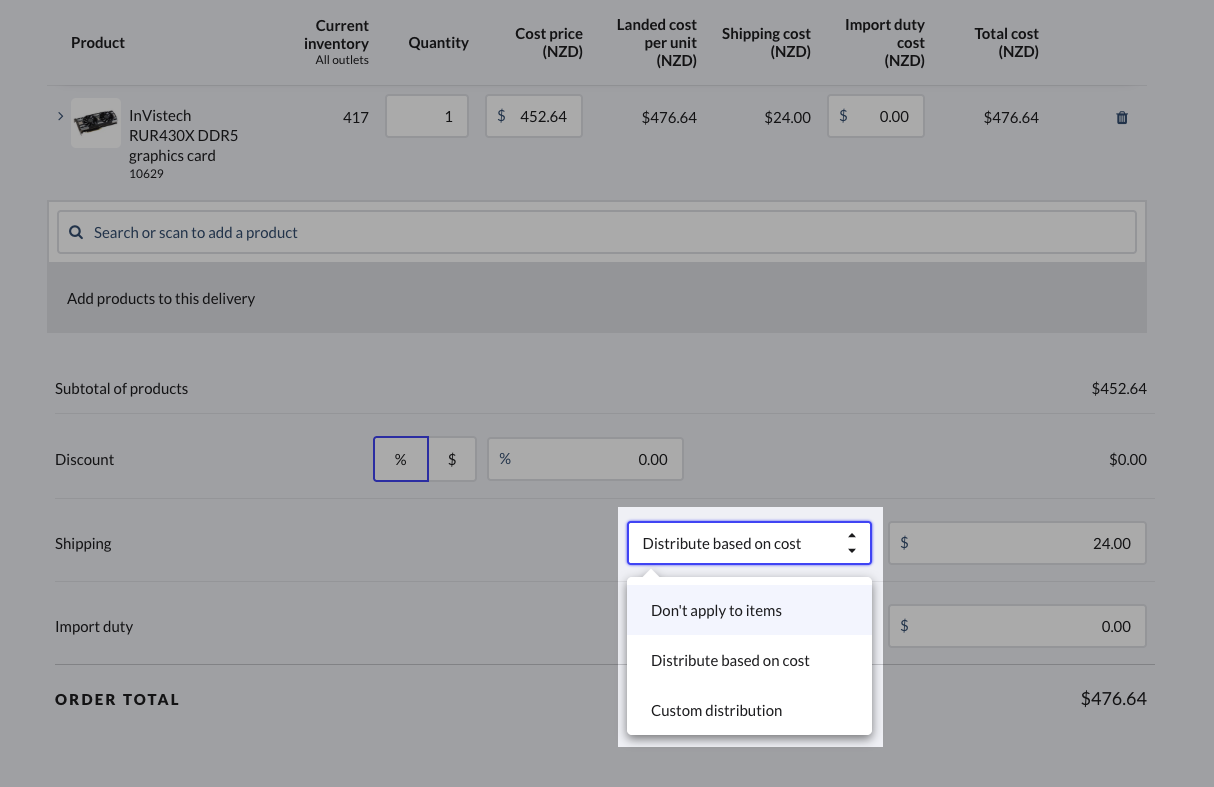 Le menu déroulant des frais d'expédition montrant les options pour distribuer les valeurs.