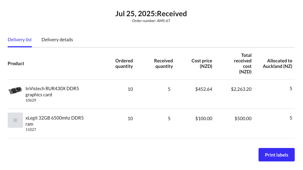 Détails des commandes réceptionnées.