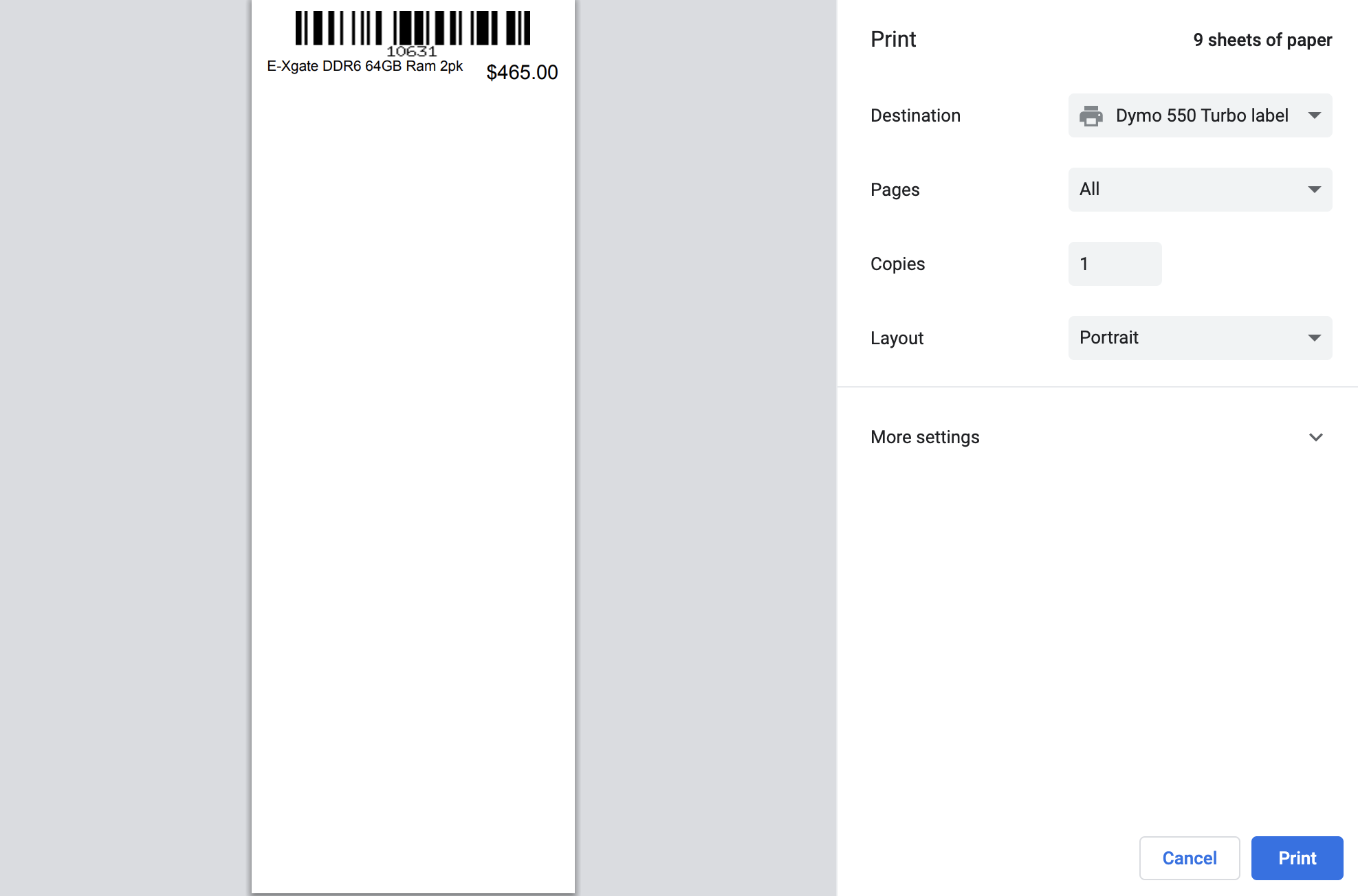 La fenêtre d'aperçu avant impression avec une imprimante d'étiquettes sélectionnée.