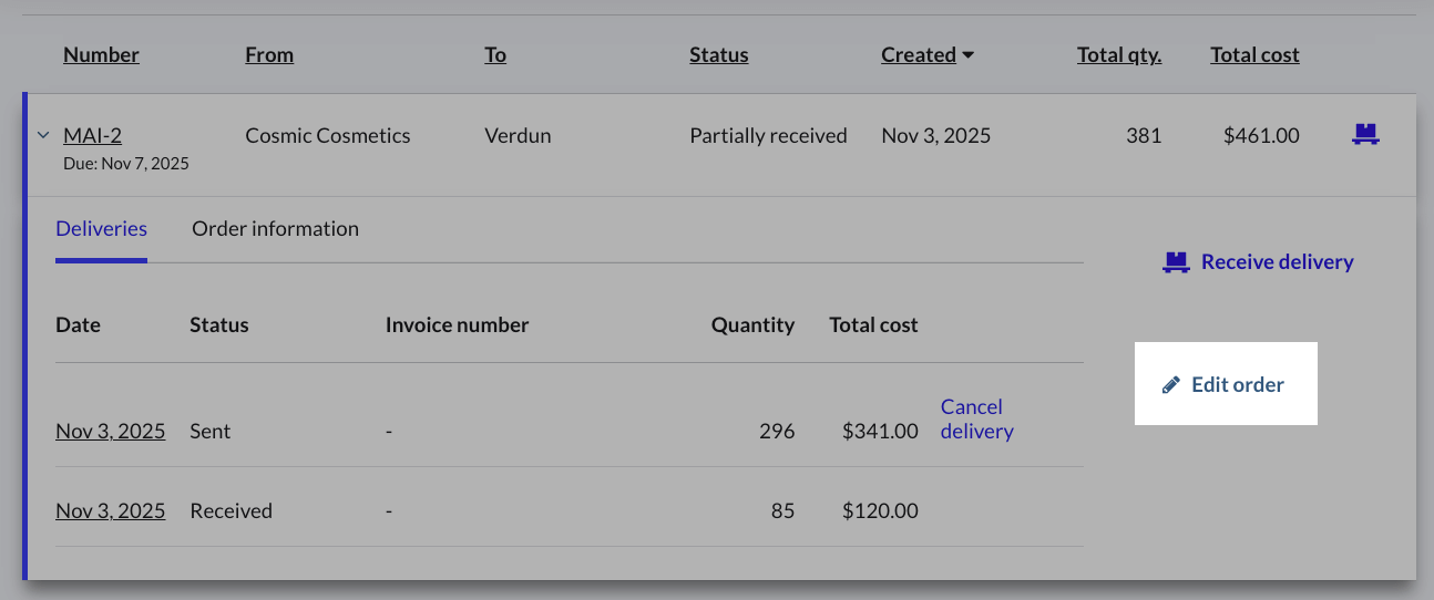 Une commande ouverte mettant en surbrillance la bouton Modifier la commande.