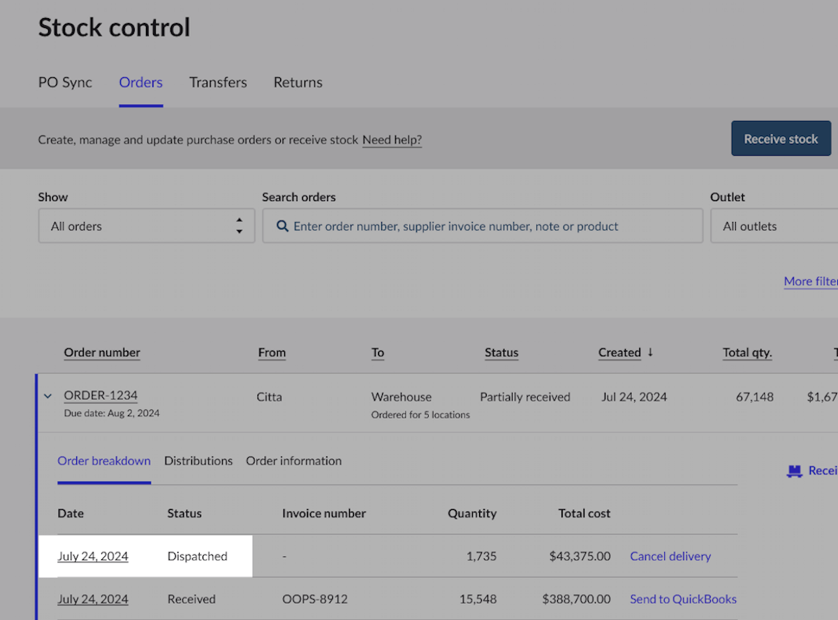L'onglet Détail de la commande, mettant en surbrillance la date à côté de l'état de la commande marquée comme expédiée.