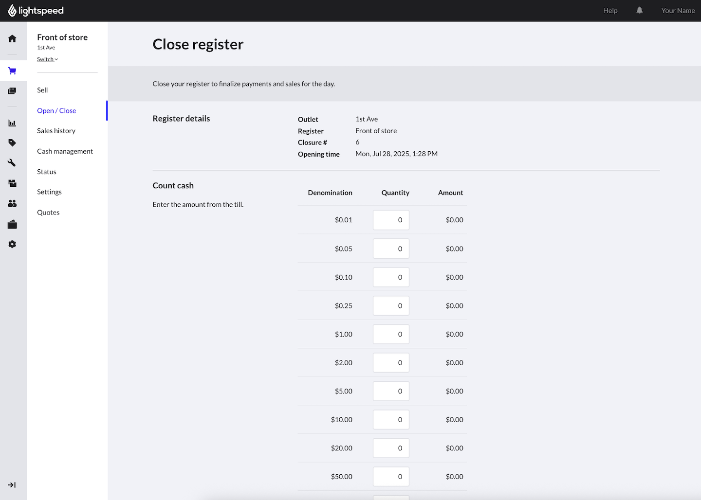 Pagina Kassa sluiten.