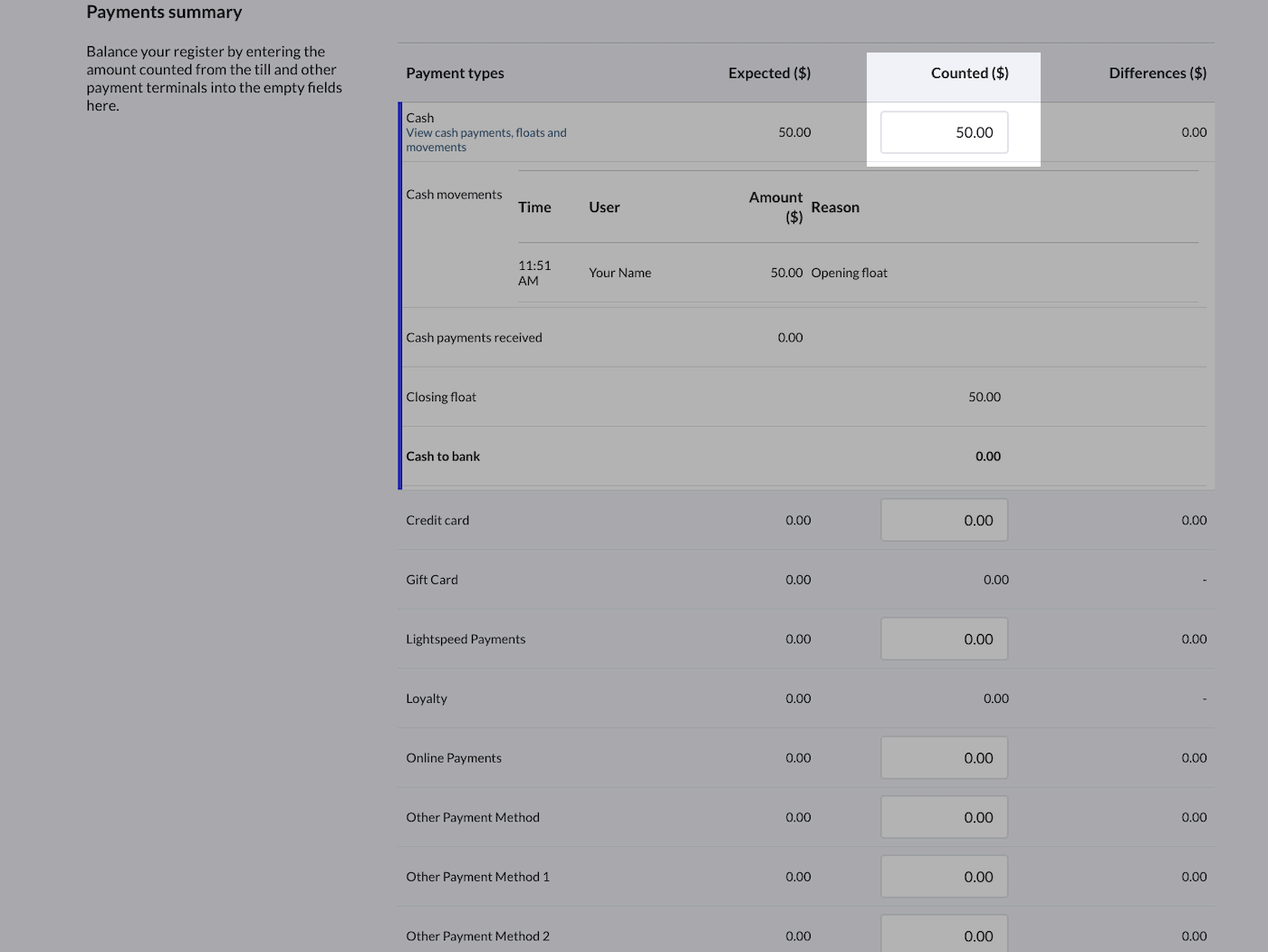 Section Résumé des paiements avec le champ Counted (Dénombré) en surbrillance.