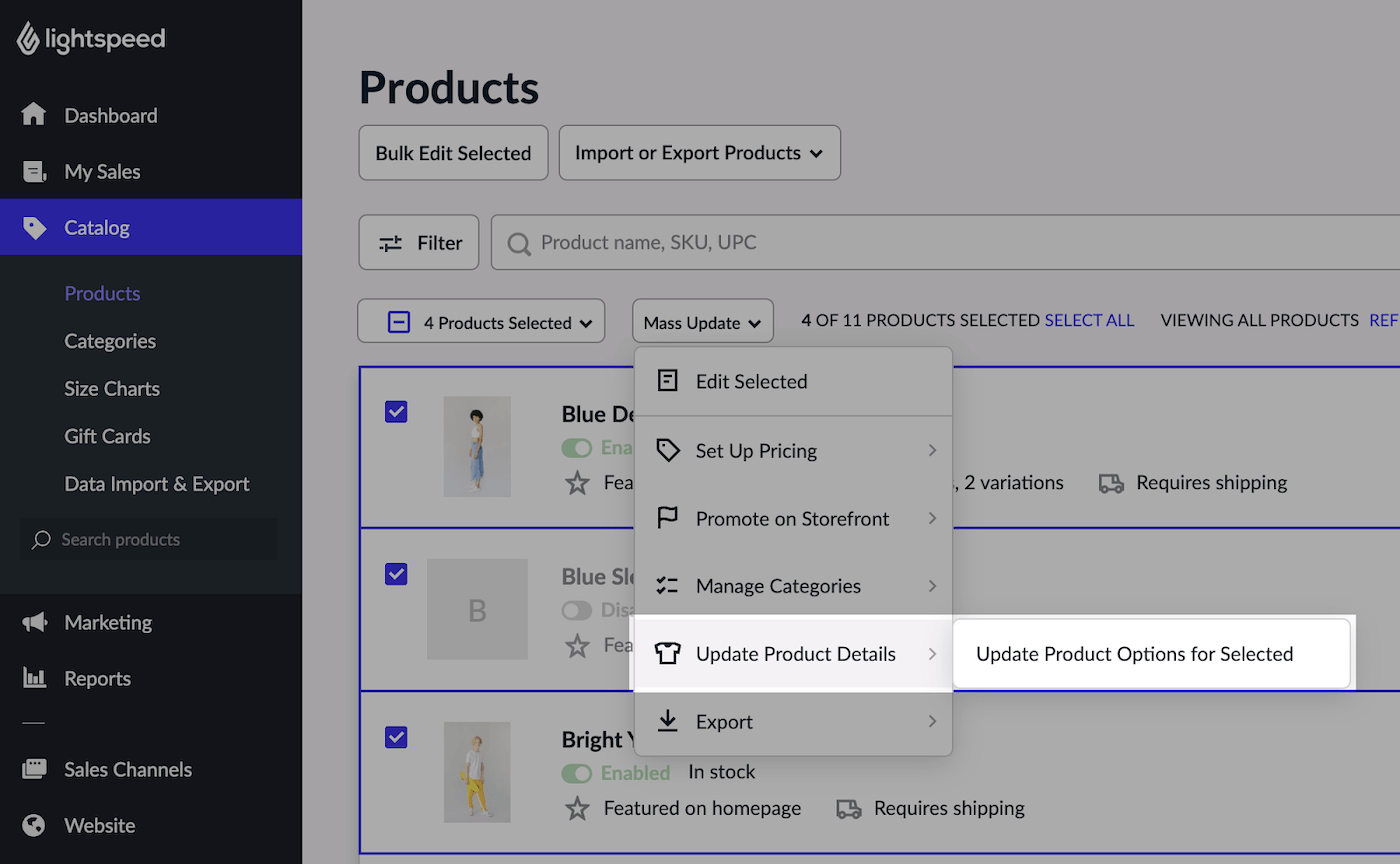 Updating product options for selected products