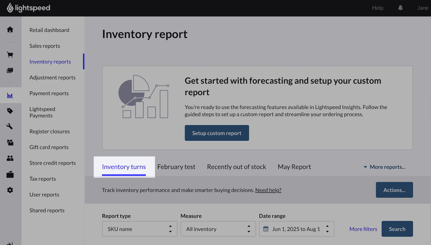  The Inventory turns report tab on the Inventory reports page.