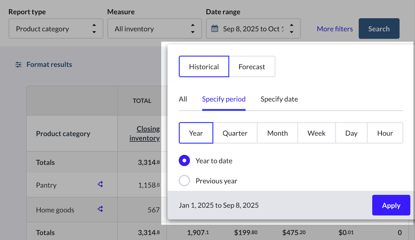 Historical date range selection in the inventory turns report.