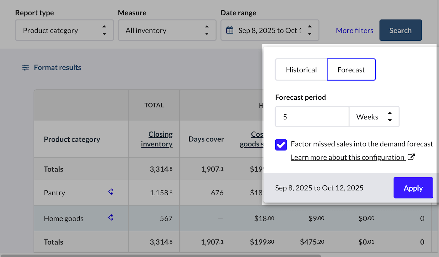 Forecast date range selection in the inventory turns report.
