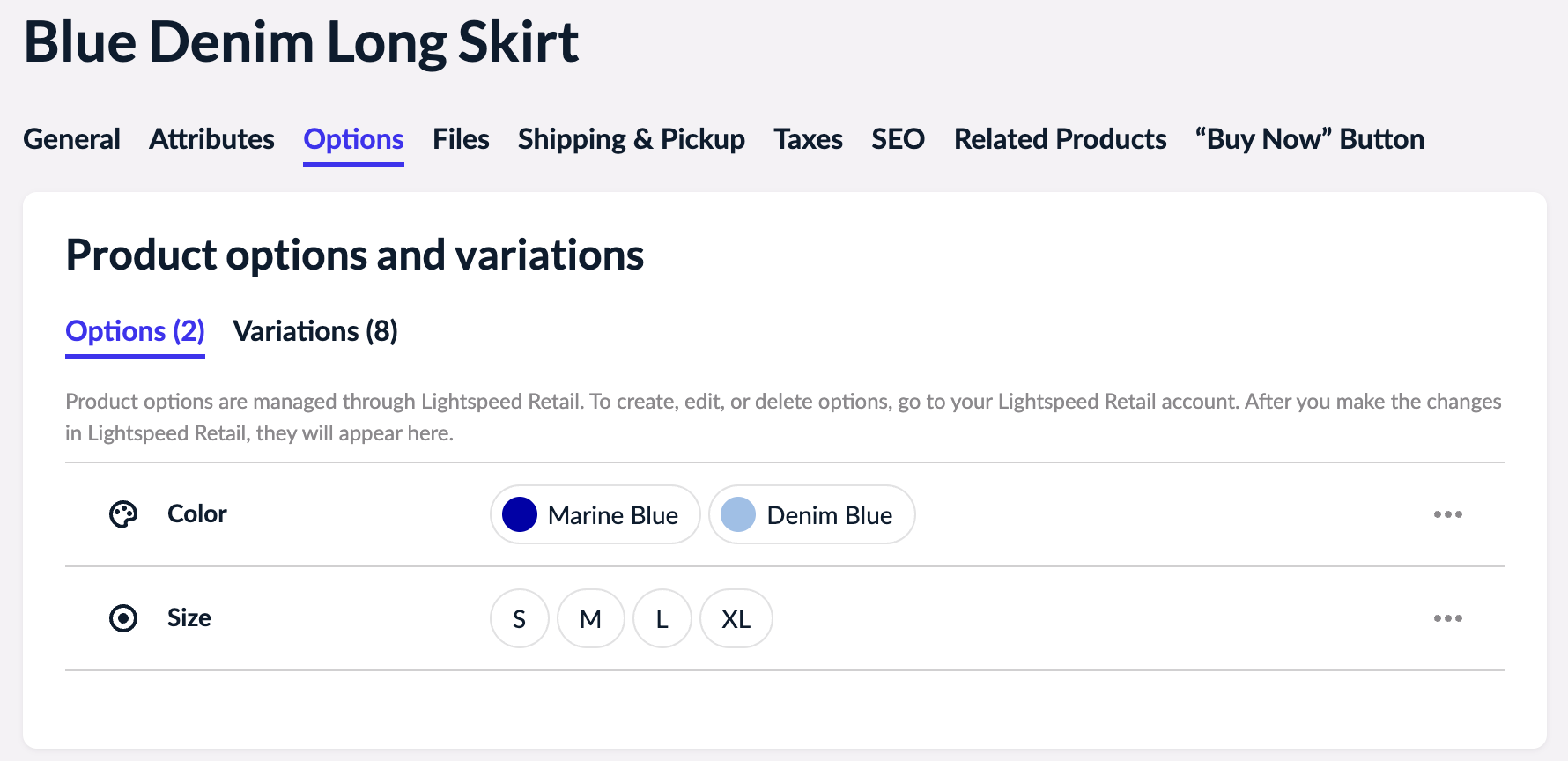 Options tab in the eCom admin