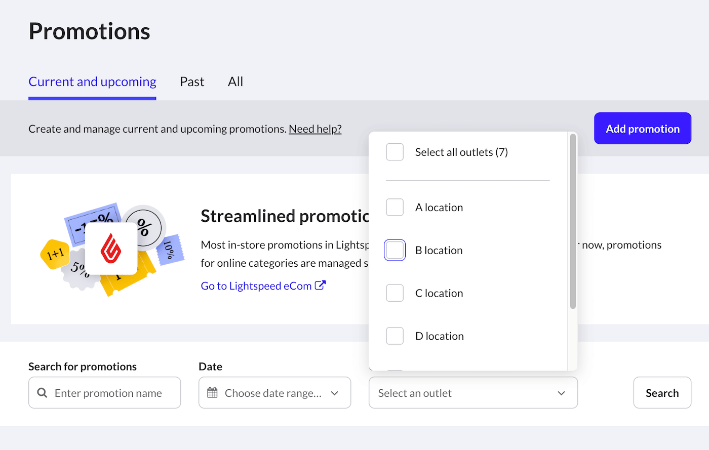 Promotions page with outlets listed alphabetically