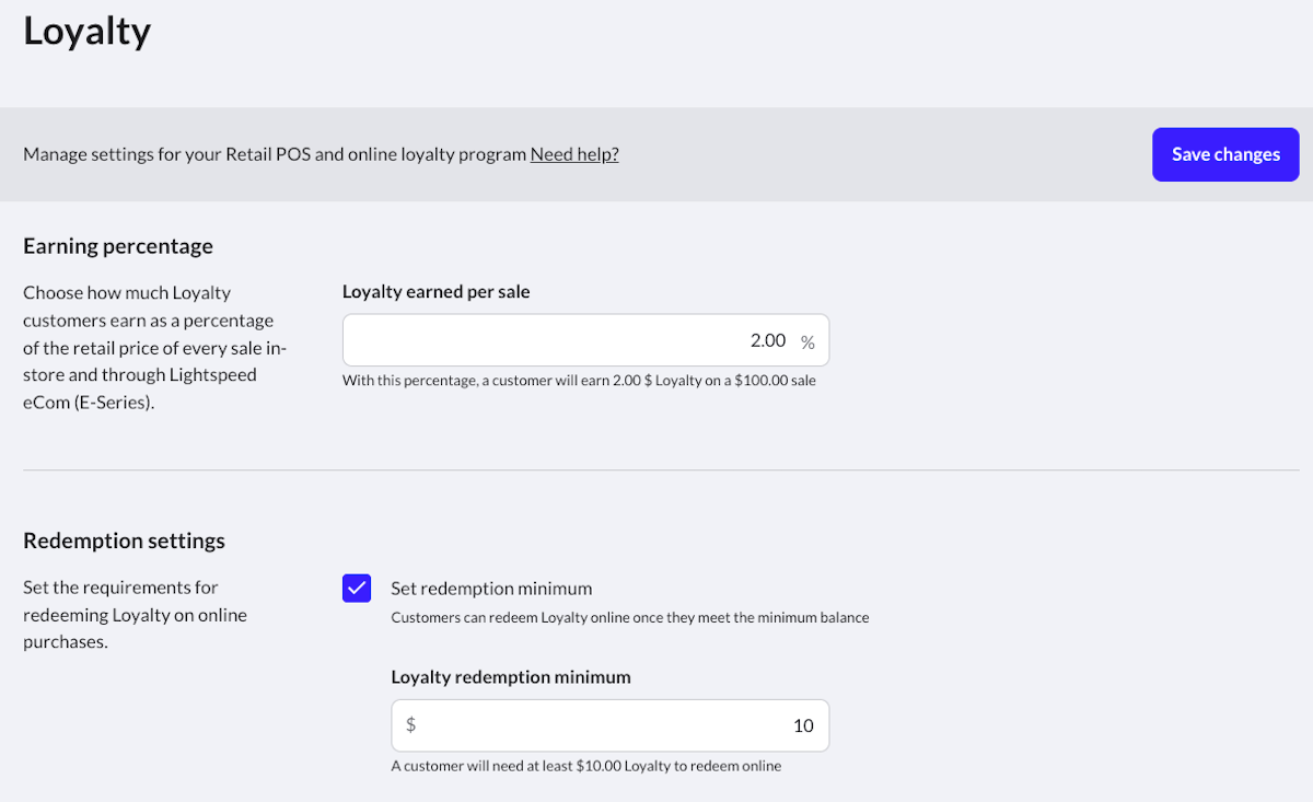 Loyalty-configuratiepagina waarop minimum voor verzilvering is ingeschakeld.